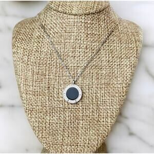 Sterling Silver White Gold Black Onyx Coin Necklace with CZ New